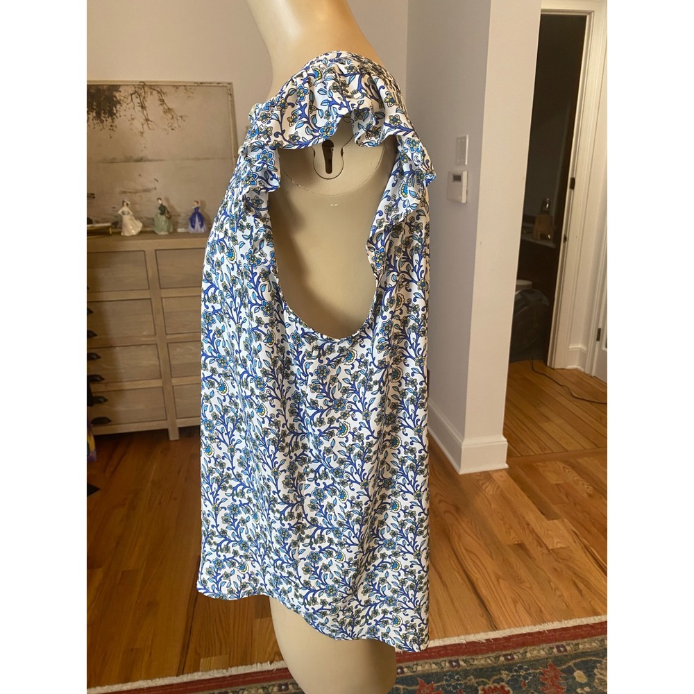 Womens Blue Floral Ruffle Cap Sleeve Henley Blouse Top Blue Green White